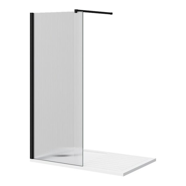 Arezzo 1400 x 900 Fluted Glass Matt Black Profile Wet Room (800mm Screen, Square Support Arm + Tray) - Image 2