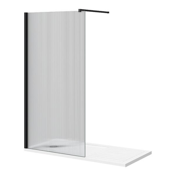 Arezzo 1600 x 800 Fluted Glass Matt Black Profile Wet Room (1000 Screen, Square Support Arm + Tray) - Image 2