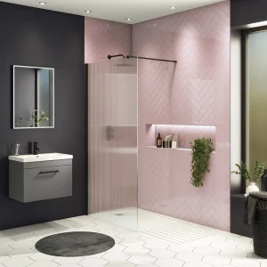 Arezzo 1600 x 800 Fluted Glass Matt Black Profile Wet Room (1000 Screen, Square Support Arm + Tray)