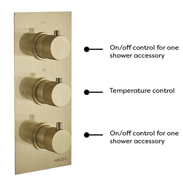 Arezzo Fluted Brushed Brass Round Thermostatic Shower Pack with Head + Handset - Image 4