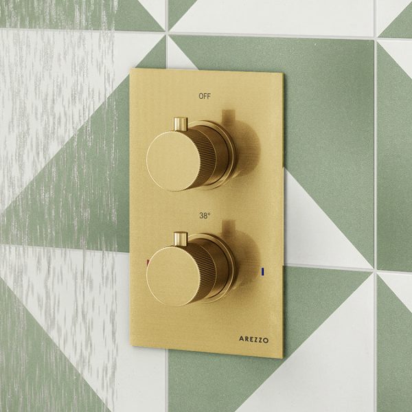 Arezzo Fluted Brushed Brass Round Shower Package with Concealed Valve + Head - Image 4