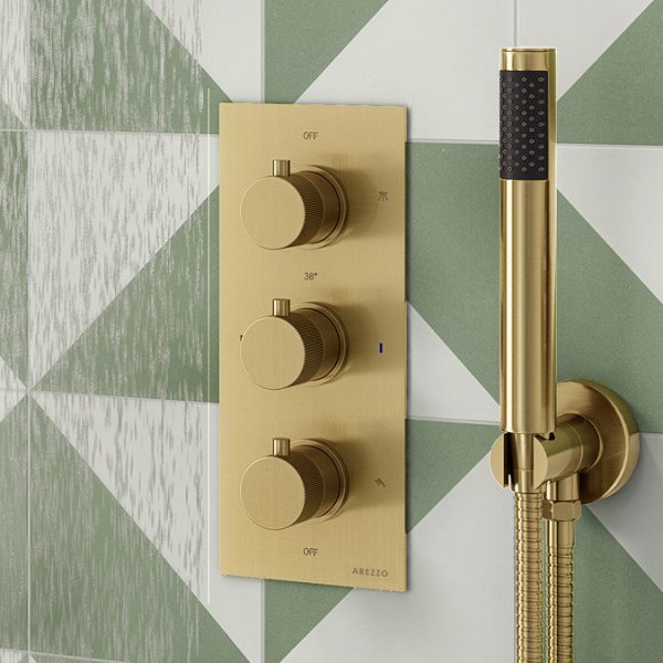 Arezzo Fluted Brushed Brass Round Thermostatic Shower Pack with Head + Handset - Image 5