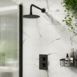 Arezzo Fluted Matt Black Round Shower Package with Concealed Valve + Head