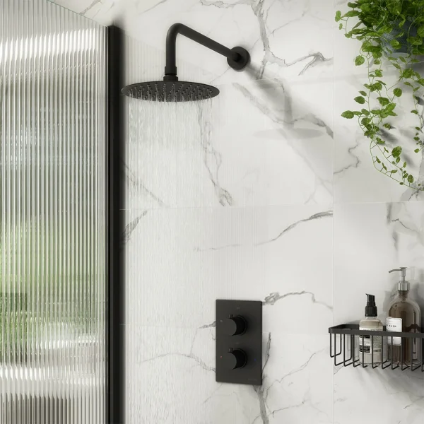 Arezzo Fluted Matt Black Round Shower Package with Concealed Valve + Head
