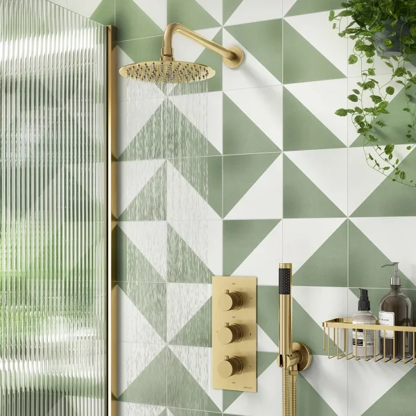Arezzo Fluted Brushed Brass Round Thermostatic Shower Pack with Head + Handset