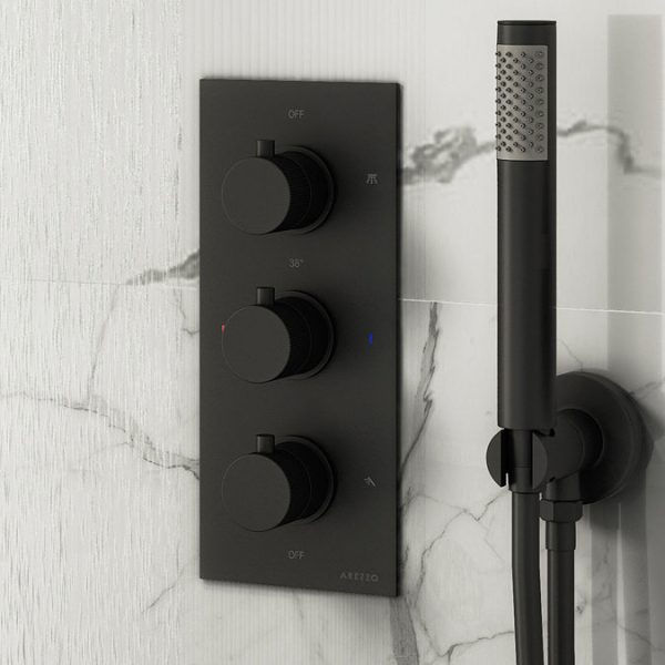 Arezzo Fluted Matt Black Round Thermostatic Shower Pack with Head + Handset - Image 5