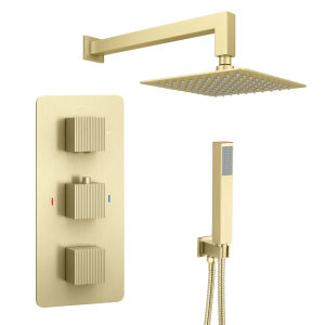 Arezzo Fluted Brushed Brass Concealed Shower Package with Valve, Square Fixed Head and Handset