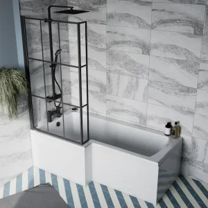 Arezzo Shower Bath   1700mm L Shaped with Matt Black Grid Screen + Panel