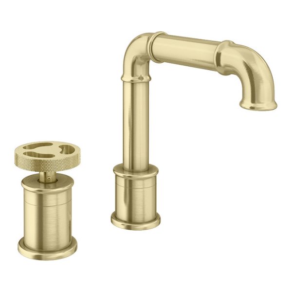 Arezzo Brushed Brass 2TH Industrial Style Deck Mounted Basin Mixer - Image 4