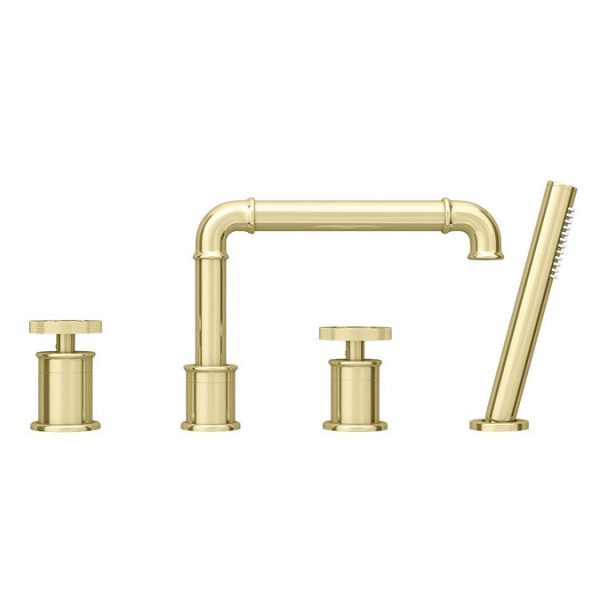 Arezzo Brushed Brass 4TH Industrial Style Deck Mounted Bath Shower Mixer inc. Pull Out Handset - Image 2