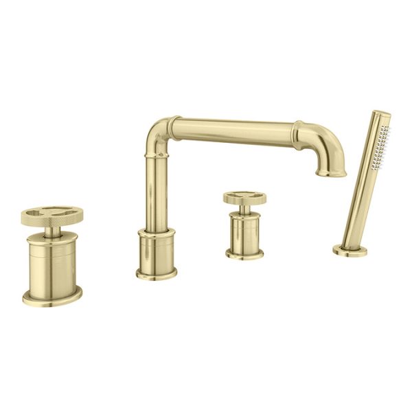 Arezzo Brushed Brass 4TH Industrial Style Deck Mounted Bath Shower Mixer inc. Pull Out Handset - Image 4