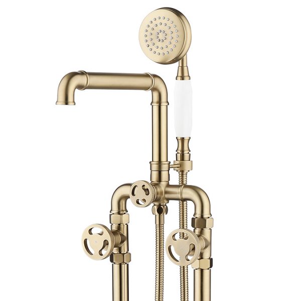 Arezzo Brushed Brass Industrial Style Freestanding Bath Shower Mixer Tap - Image 6