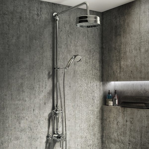 Arezzo Chrome Industrial Style Rigid Riser Kit with Diverter + Dual Exposed Shower Valve - Image 5