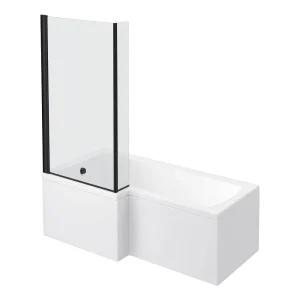 Arezzo Shower Bath   1700mm L Shaped with Matt Black Screen + Panel