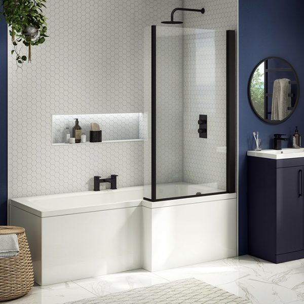 Arezzo Shower Bath   1700mm L Shaped with Matt Black Screen + Panel - Image 2