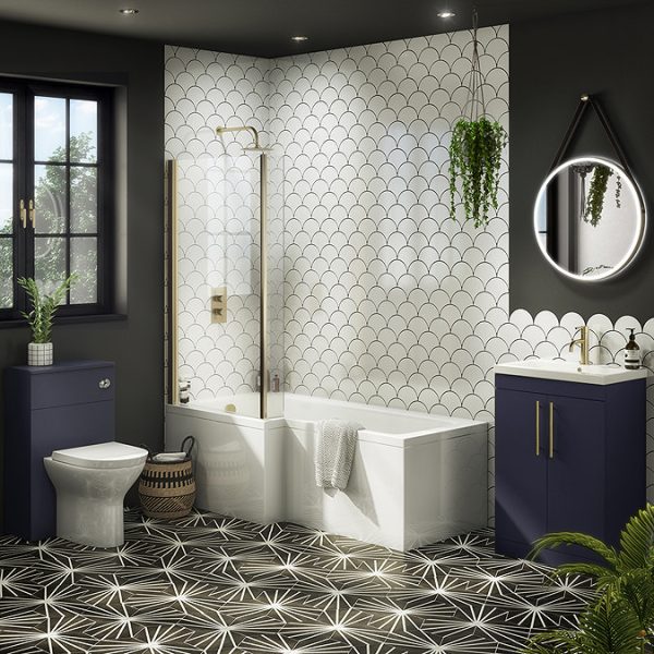 Arezzo Shower Bath   1700mm L Shaped with Brushed Brass Screen + Panel - Image 2