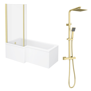 Arezzo 1700 L Shaped Shower Bath with Brushed Brass Exposed Shower Pack and Screen