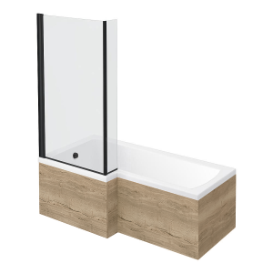 Arezzo Rustic Oak Shower Bath   1700mm L Shaped with Matt Black Screen + Panel