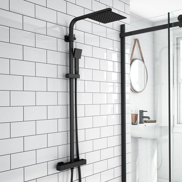 Arezzo Square Matt Black Shower Bath + Exposed Shower Pack (1700 L Shaped with Screen + Panel) - Image 5
