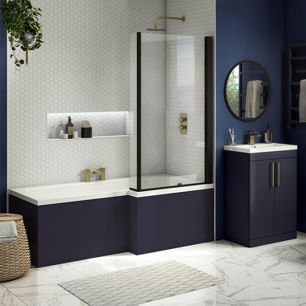 Arezzo Shower Bath   1700mm L Shaped with Matt Black Screen + Matt Blue Panel - Image 2