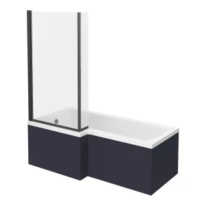 Arezzo Shower Bath   1700mm L Shaped with Matt Black Screen + Matt Blue Panel