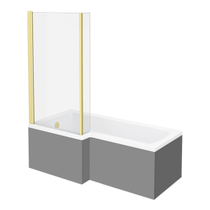 Arezzo Shower Bath   1700mm L Shaped with Brushed Brass Screen + Matt Grey Panel