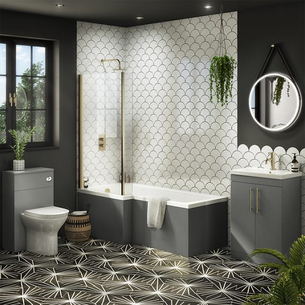 Arezzo Shower Bath   1700mm L Shaped with Brushed Brass Screen + Matt Grey Panel - Image 2