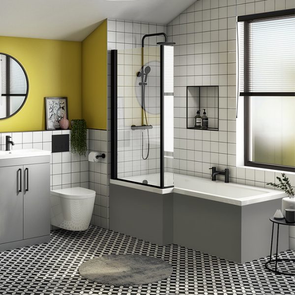 Arezzo Shower Bath   1700mm L Shaped with Matt Black Screen + Matt Grey Panel - Image 2