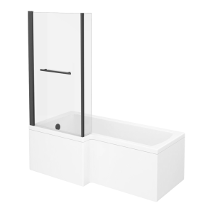 Arezzo L Shaped Shower Bath 1700mm (incl. Hinged Matt Black Screen with Return, Rail + Acrylic Panel)