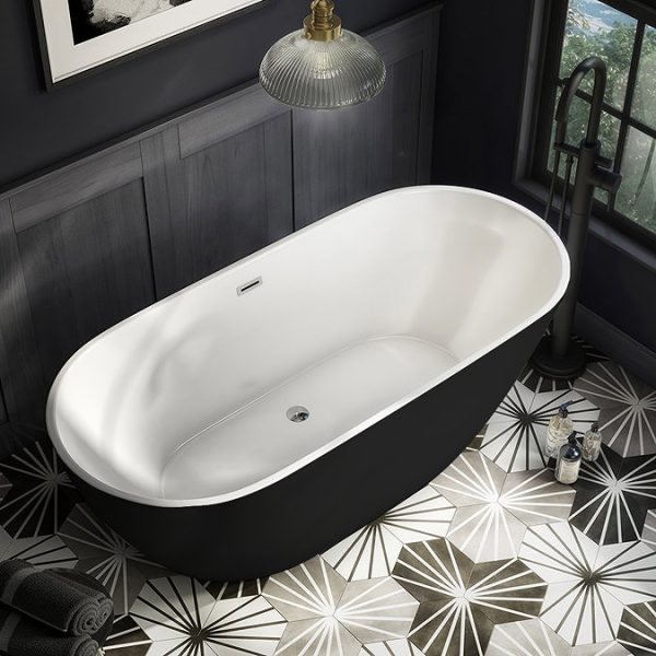 Arezzo Matt Black Freestanding Modern Bath with Chrome Waste 1650 x 750 x 570mm - Image 3