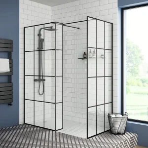 Arezzo 1700 x 800 Matt Black Grid Wet Room (Main Screen incl. Hinged Return, Side Panel + Tray)
