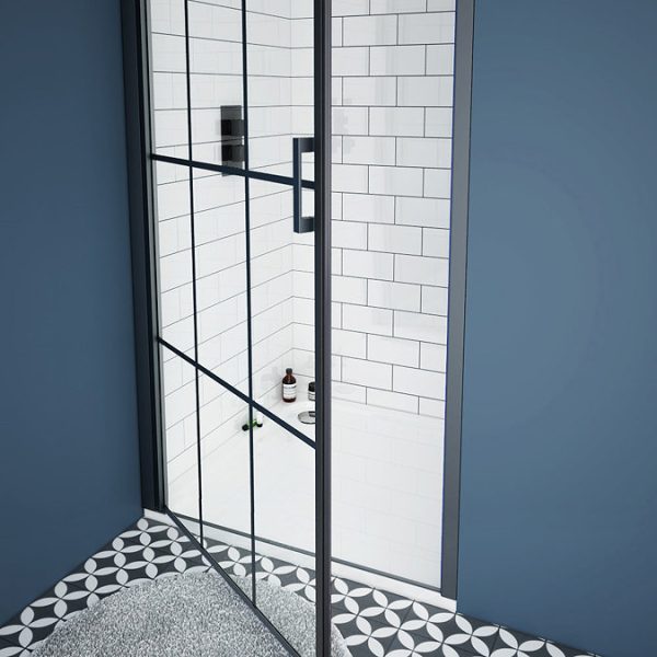 Arezzo 800mm Matt Black Grid Frameless Pivot Shower Door + Tray for Recess - Image 3