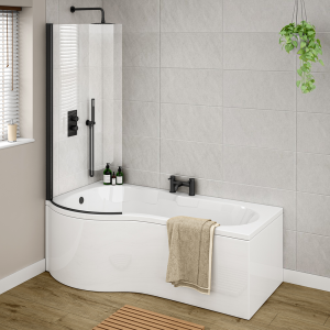Arezzo 1700mm P Shaped Shower Bath with Screen & Front Panel   Matt Black