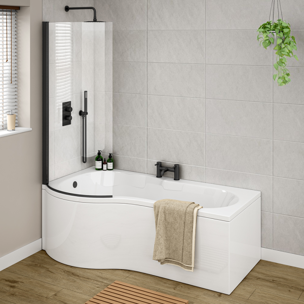 Arezzo 1700mm P Shaped Shower Bath with Screen & Front Panel   Matt Black