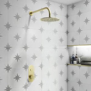 Arezzo Brushed Brass Push Button Shower with Rainfall Shower Head