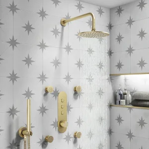 Arezzo Brushed Brass Industrial Style Push Button Shower Valve with Diverter, Handset, Fixed Shower Head + 4 Body Jets
