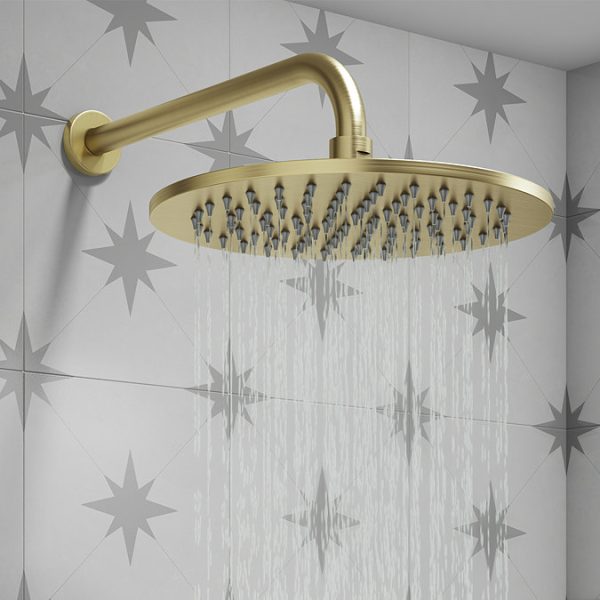 Arezzo Brushed Brass Round Push Button Shower with 300mm Rainfall Shower Head - Image 2