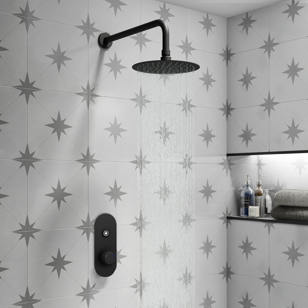 Arezzo Matt Black Push Button Shower with Rainfall Shower Head