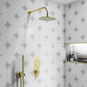 Arezzo Brushed Brass Push Button Shower with Handset + Rainfall Shower Head