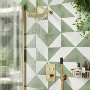Arezzo Round Brushed Brass Push Button Shower with Handset + 200mm Rainfall Shower Head
