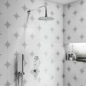Arezzo Chrome Push Button Shower with Handset + Rainfall Shower Head