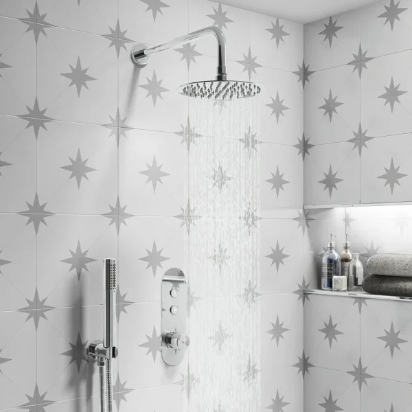 Arezzo Chrome Push Button Shower with Handset + Rainfall Shower Head