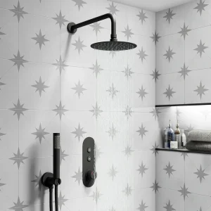 Arezzo Matt Black Push Button Shower with Handset + Rainfall Shower Head