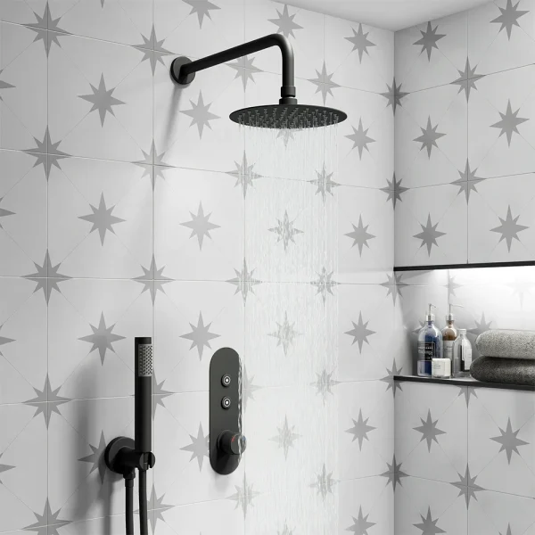 Arezzo Matt Black Push Button Shower with Handset + Rainfall Shower Head