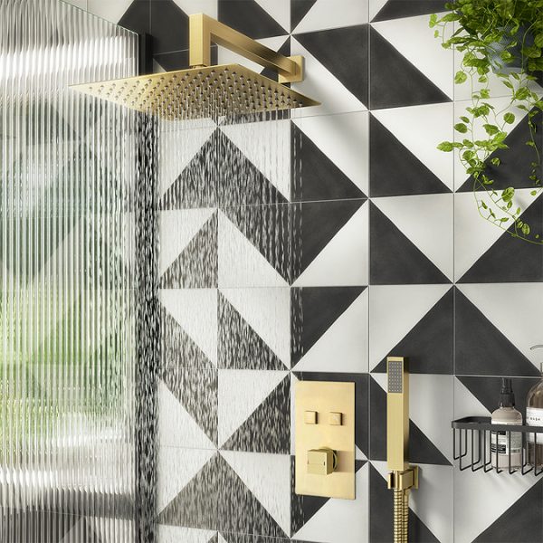 Arezzo Square Brushed Brass Push Button Shower with Handset + 200mm Rainfall Shower Head - Image 4