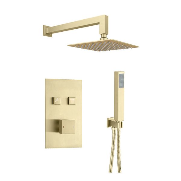 Arezzo Square Brushed Brass Push Button Shower with Handset + 200mm Rainfall Shower Head - Image 6