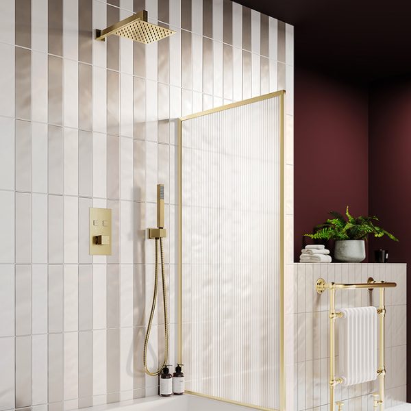 Arezzo Square Brushed Brass Push Button Shower with Handset + 200mm Rainfall Shower Head - Image 8