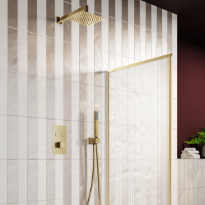 Arezzo Square Brushed Brass Push Button Shower with Handset + 200mm Rainfall Shower Head