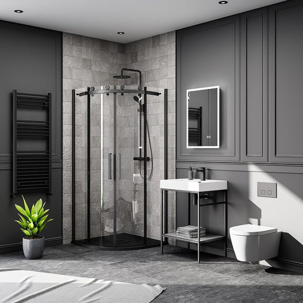 Arezzo Matt Black 800 x 800mm Frameless Quadrant Shower Enclosure with Black Tray - Image 2