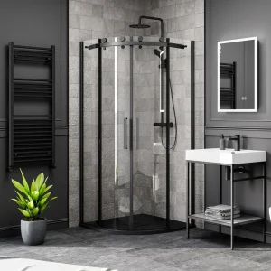 Arezzo Matt Black 800 x 800mm Frameless Quadrant Shower Enclosure with Black Tray